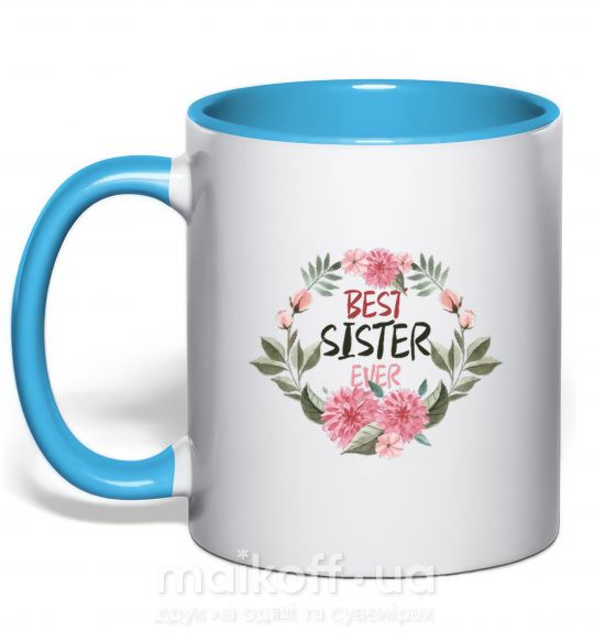 Чашка з кольоровою ручкою Best sister ever flowers Блакитний фото
