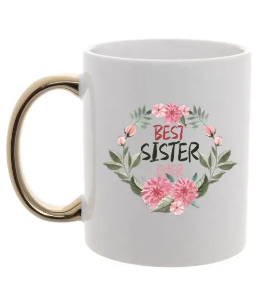 Чашка з кольоровою ручкою Best sister ever flowers Золото фото
