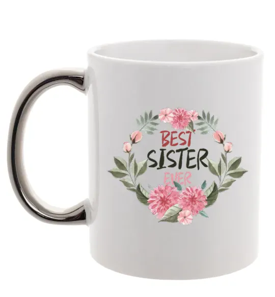 Чашка з кольоровою ручкою Best sister ever flowers Срібло фото