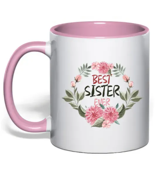 Чашка з кольоровою ручкою Best sister ever flowers Ніжно рожевий фото