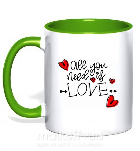Чашка з кольоровою ручкою All you need is love hearts and arrows Зелений фото