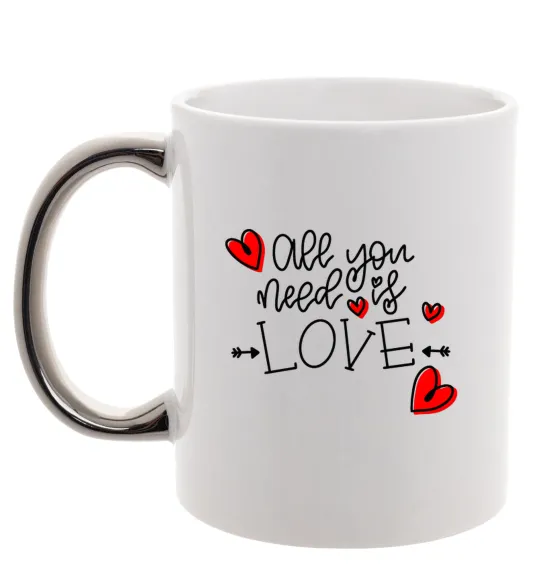 Чашка з кольоровою ручкою All you need is love hearts and arrows Срібло фото