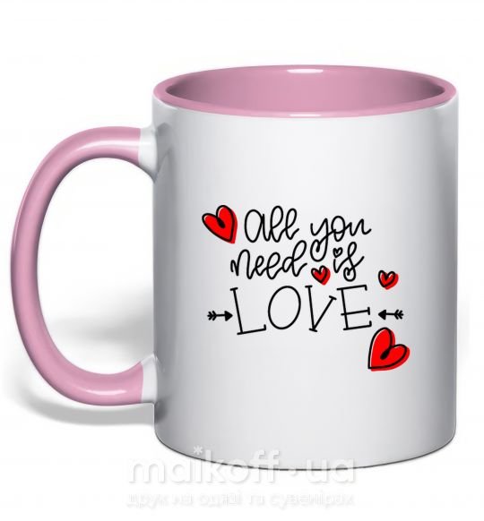 Чашка с цветной ручкой All you need is love hearts and arrows Нежно розовый фото