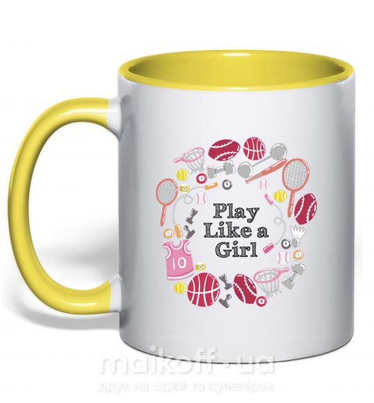 Чашка с цветной ручкой Play like a girl Солнечно желтый фото