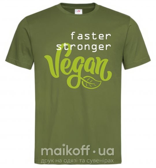 Мужская футболка Faster stronger vegan lettering Оливковый фото
