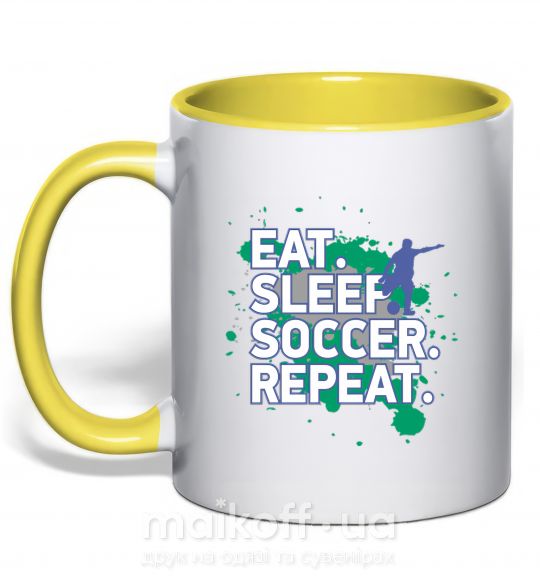 Чашка с цветной ручкой Eat sleep soccer repeat Солнечно желтый фото
