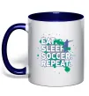 Чашка з кольоровою ручкою Eat sleep soccer repeat Глибокий темно-синій фото