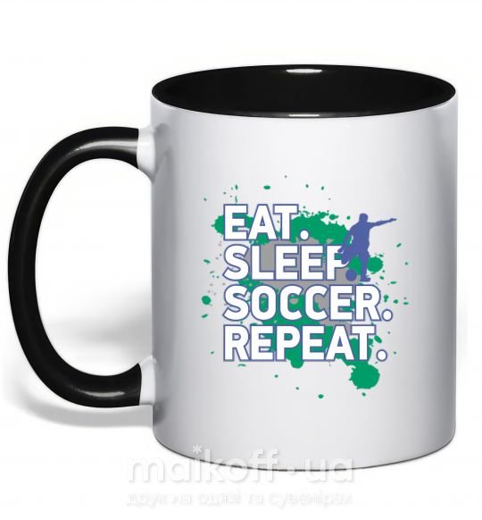 Чашка з кольоровою ручкою Eat sleep soccer repeat Чорний фото