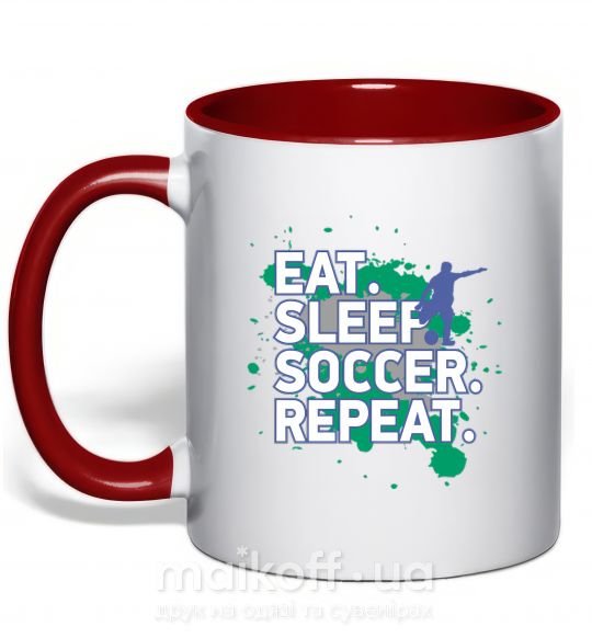 Чашка з кольоровою ручкою Eat sleep soccer repeat Червоний фото