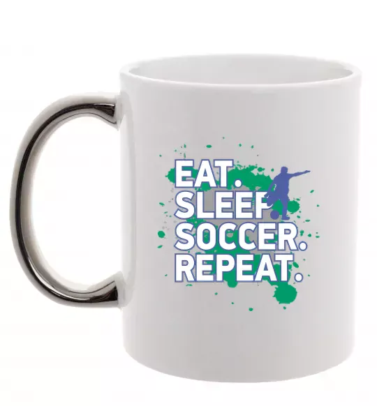 Чашка з кольоровою ручкою Eat sleep soccer repeat Срібло фото