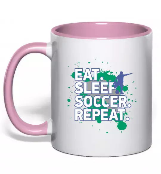 Чашка з кольоровою ручкою Eat sleep soccer repeat Ніжно рожевий фото