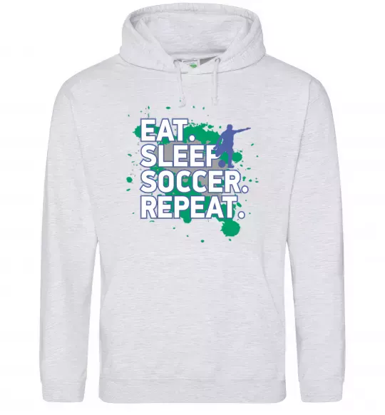 Мужская толстовка (худи) Eat sleep soccer repeat Серый меланж фото