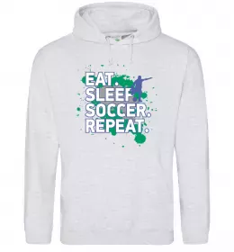 Мужская толстовка (худи) Eat sleep soccer repeat Серый меланж фото
