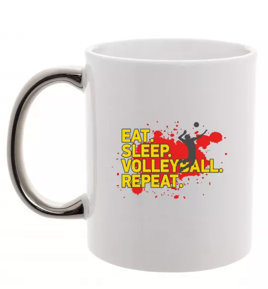 Чашка с цветной ручкой Eat sleep volleyball repeat Серебро фото