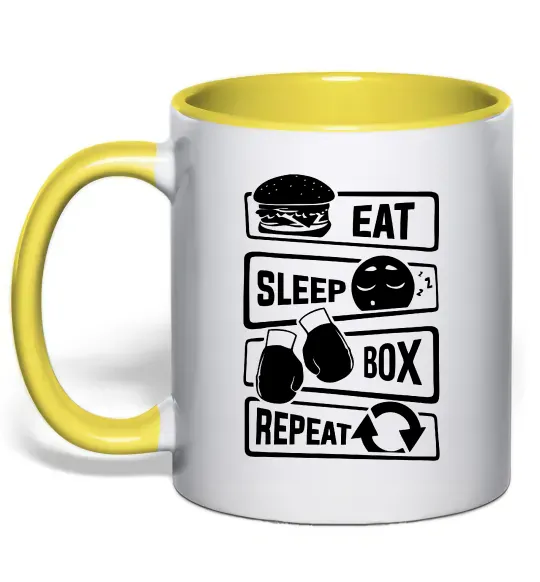 Чашка с цветной ручкой Eat sleep boxing repeat Солнечно желтый фото