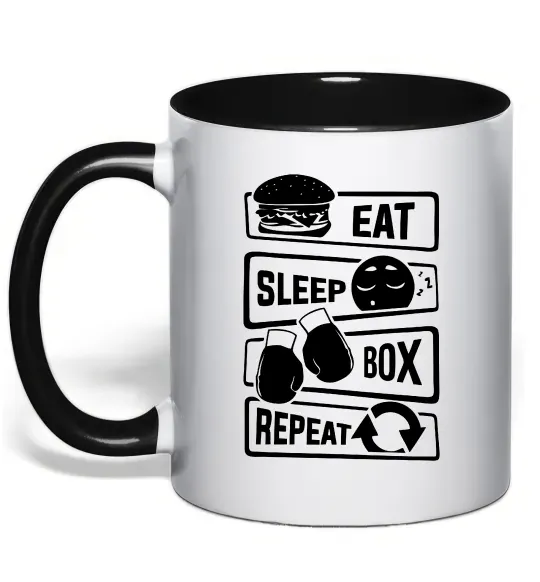 Чашка с цветной ручкой Eat sleep boxing repeat Черный фото
