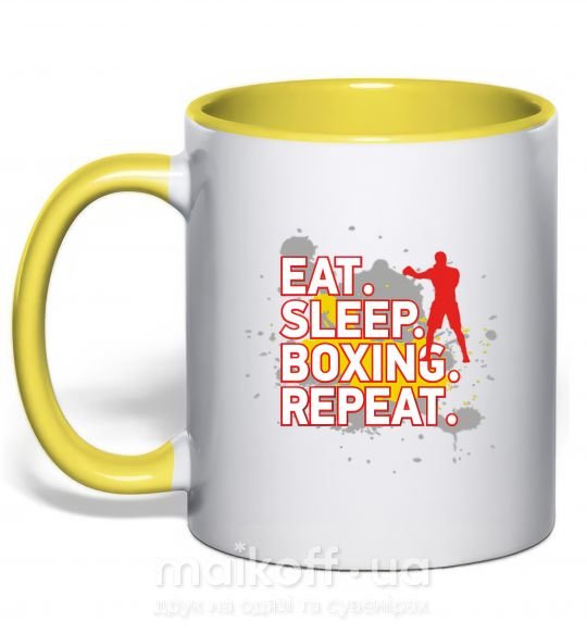 Чашка с цветной ручкой Eat sleep boxing repeat Солнечно желтый фото