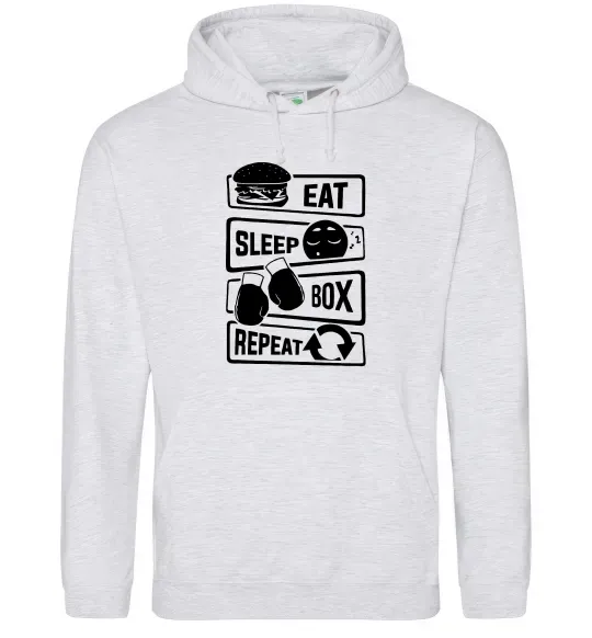 Мужская толстовка (худи) Eat sleep boxing repeat Серый меланж фото