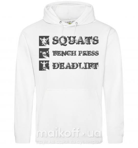 Женская толстовка (худи) Squats bench press deadlift Белый фото