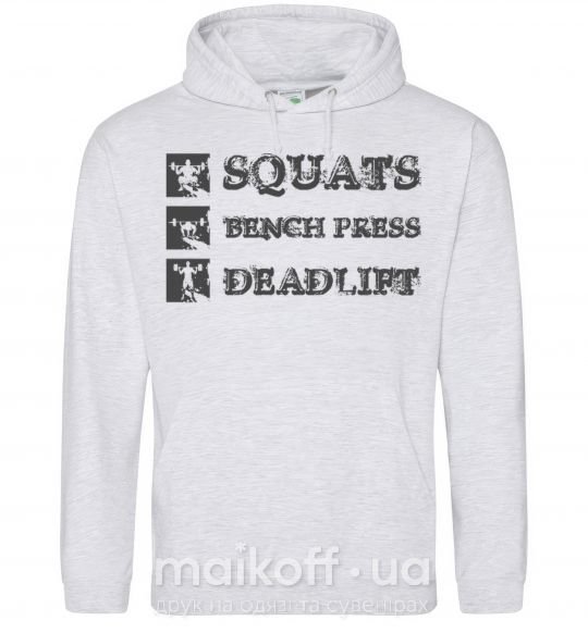 Женская толстовка (худи) Squats bench press deadlift Серый меланж фото