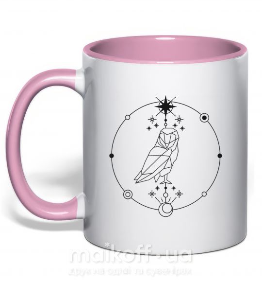 Чашка з кольоровою ручкою Сова геометрия Ніжно рожевий фото