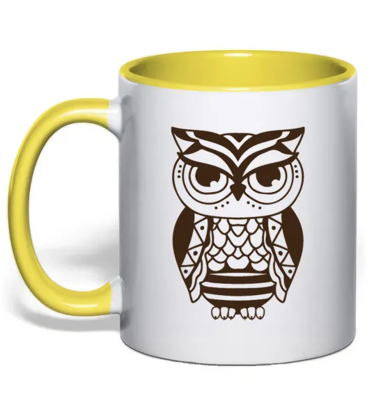 Чашка с цветной ручкой Сова бохо Лимонный фото
