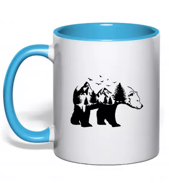 Чашка с цветной ручкой Ведмідь природа Голубой фото