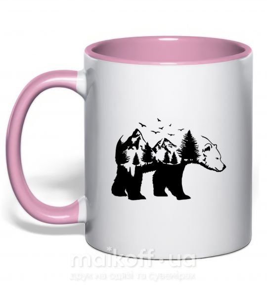 Чашка с цветной ручкой Медведь природа Нежно розовый фото