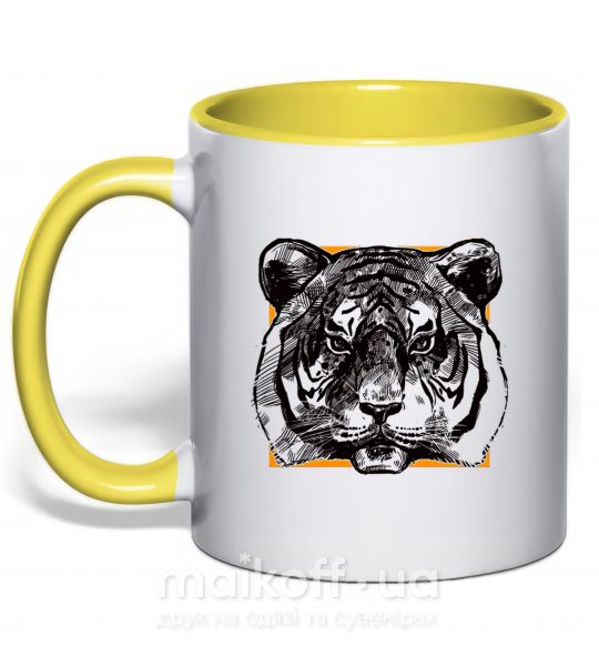 Чашка з кольоровою ручкою Тигр рамка Сонячно жовтий фото