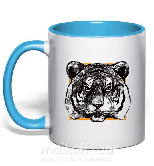 Чашка з кольоровою ручкою Тигр рамка Блакитний фото