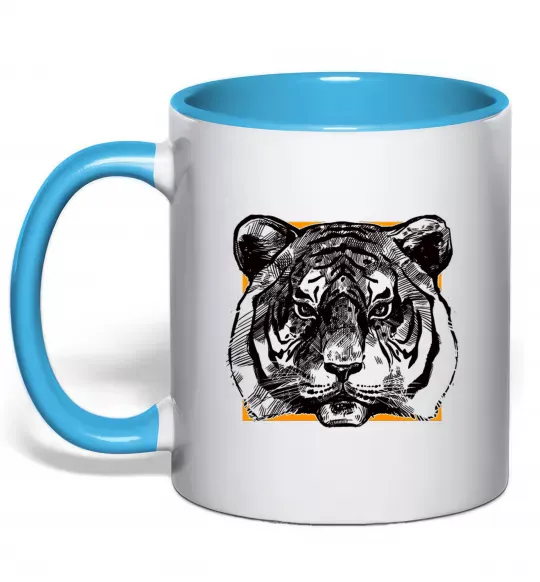 Чашка с цветной ручкой Тигр рамка Голубой фото