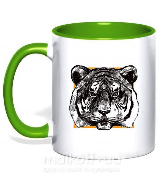 Чашка з кольоровою ручкою Тигр рамка Зелений фото