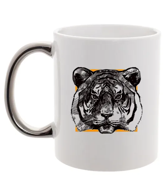 Чашка с цветной ручкой Тигр рамка Серебро фото