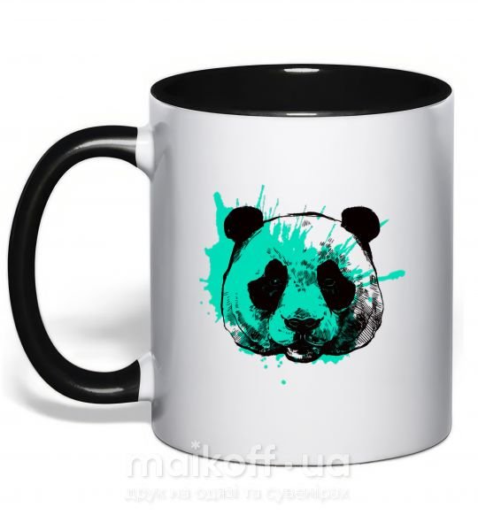 Чашка з кольоровою ручкою Панда брызги бирюза Чорний фото
