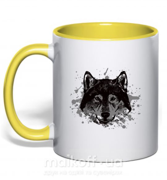 Чашка з кольоровою ручкою Волк брызги Сонячно жовтий фото