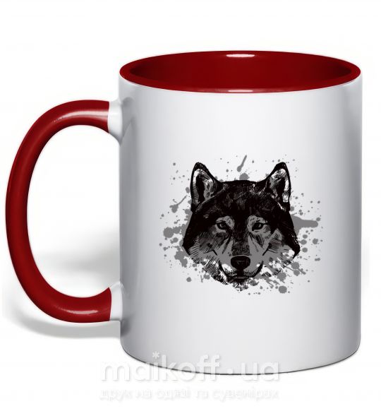 Чашка з кольоровою ручкою Волк брызги Червоний фото