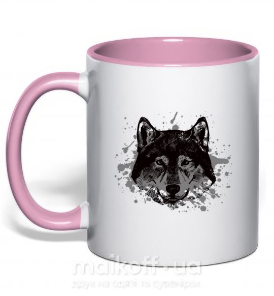 Чашка з кольоровою ручкою Волк брызги Ніжно рожевий фото
