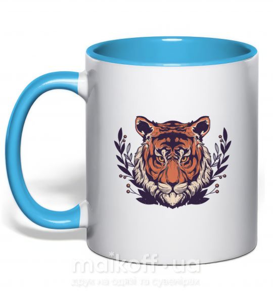 Чашка з кольоровою ручкою Реалистичный тигр Блакитний фото