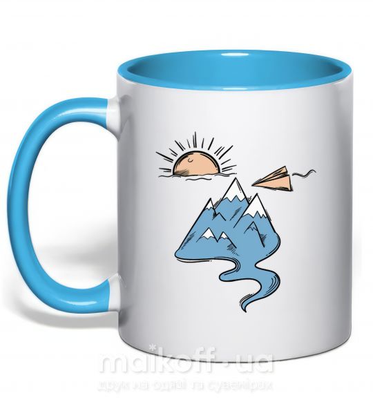 Чашка з кольоровою ручкою Закат горы Блакитний фото