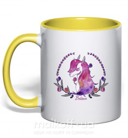 Чашка з кольоровою ручкою Believe unicorn Сонячно жовтий фото