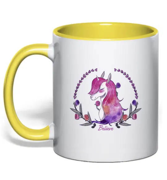 Чашка з кольоровою ручкою Believe unicorn Лимонний фото