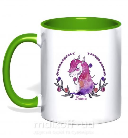 Чашка з кольоровою ручкою Believe unicorn Зелений фото