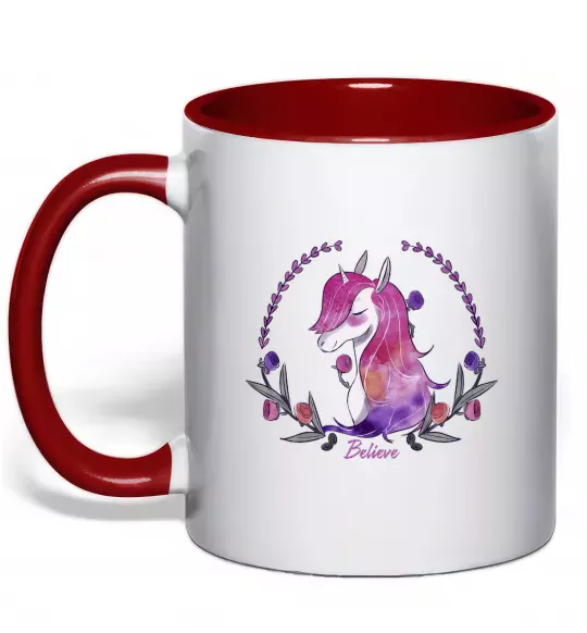 Чашка з кольоровою ручкою Believe unicorn Червоний фото