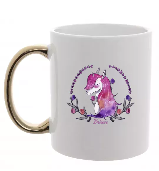 Чашка з кольоровою ручкою Believe unicorn Золото фото