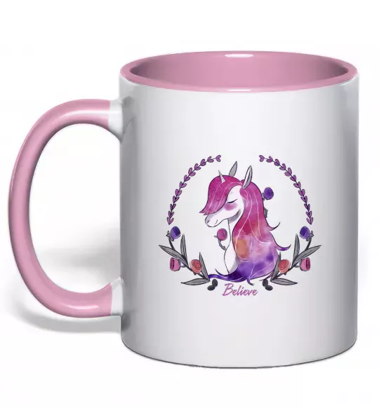 Чашка з кольоровою ручкою Believe unicorn Ніжно рожевий фото