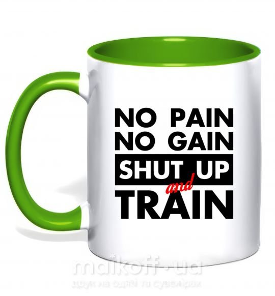Чашка з кольоровою ручкою No pain no gain shut up and train Зелений фото