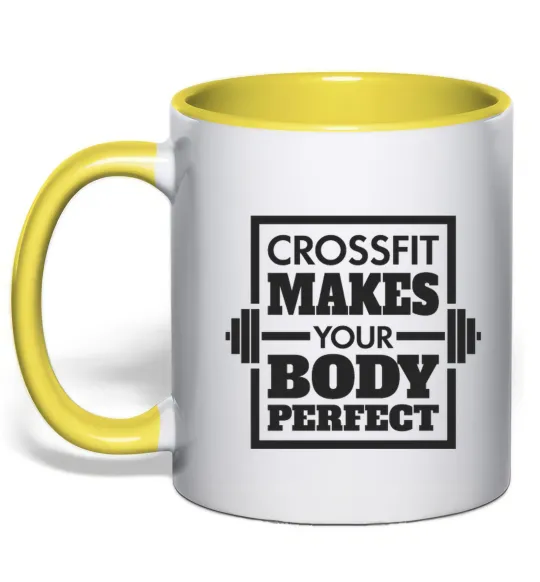 Чашка с цветной ручкой Crossfit makes your body perfect Лимонный фото