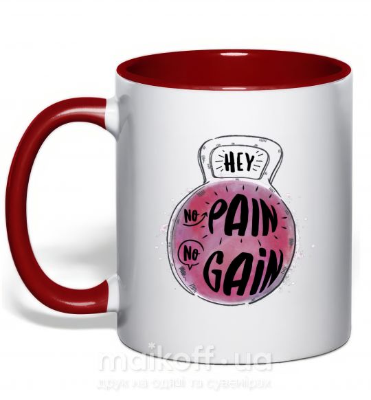 Чашка с цветной ручкой Hey no pain no gain Красный фото