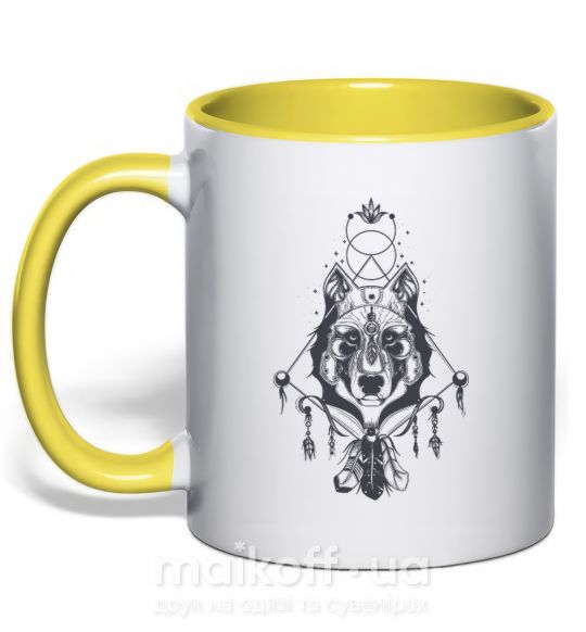 Чашка з кольоровою ручкою Волк бохо Сонячно жовтий фото
