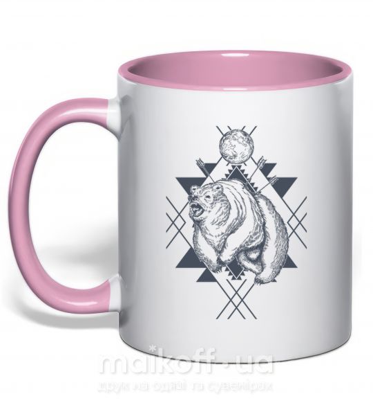 Чашка з кольоровою ручкою Медведь с луной Ніжно рожевий фото